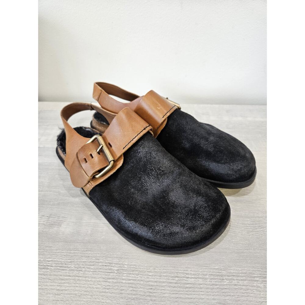 Free People Seattle Slingback Black + Brown Buckle Suede Size 38 US W 7.5